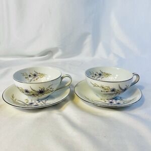 Vtg HIRA China Fontaine Flat Teacup & Saucers Set Of 2 Purple White Cup